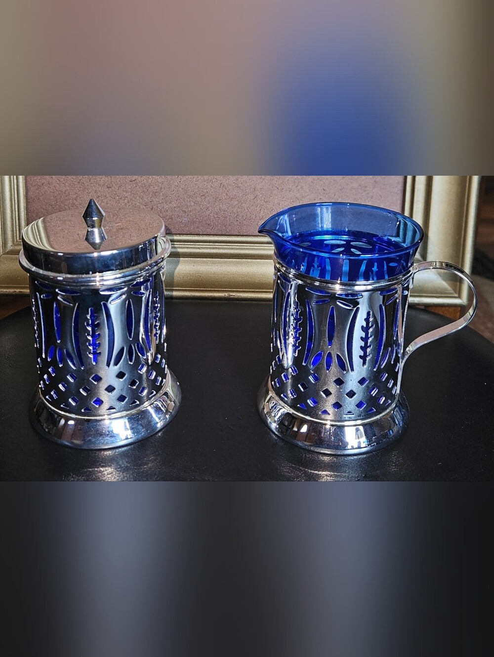 Vintage Avon Royal Sapphire Sugar and Creamer Set Cobalt Blue Glass Inserts
